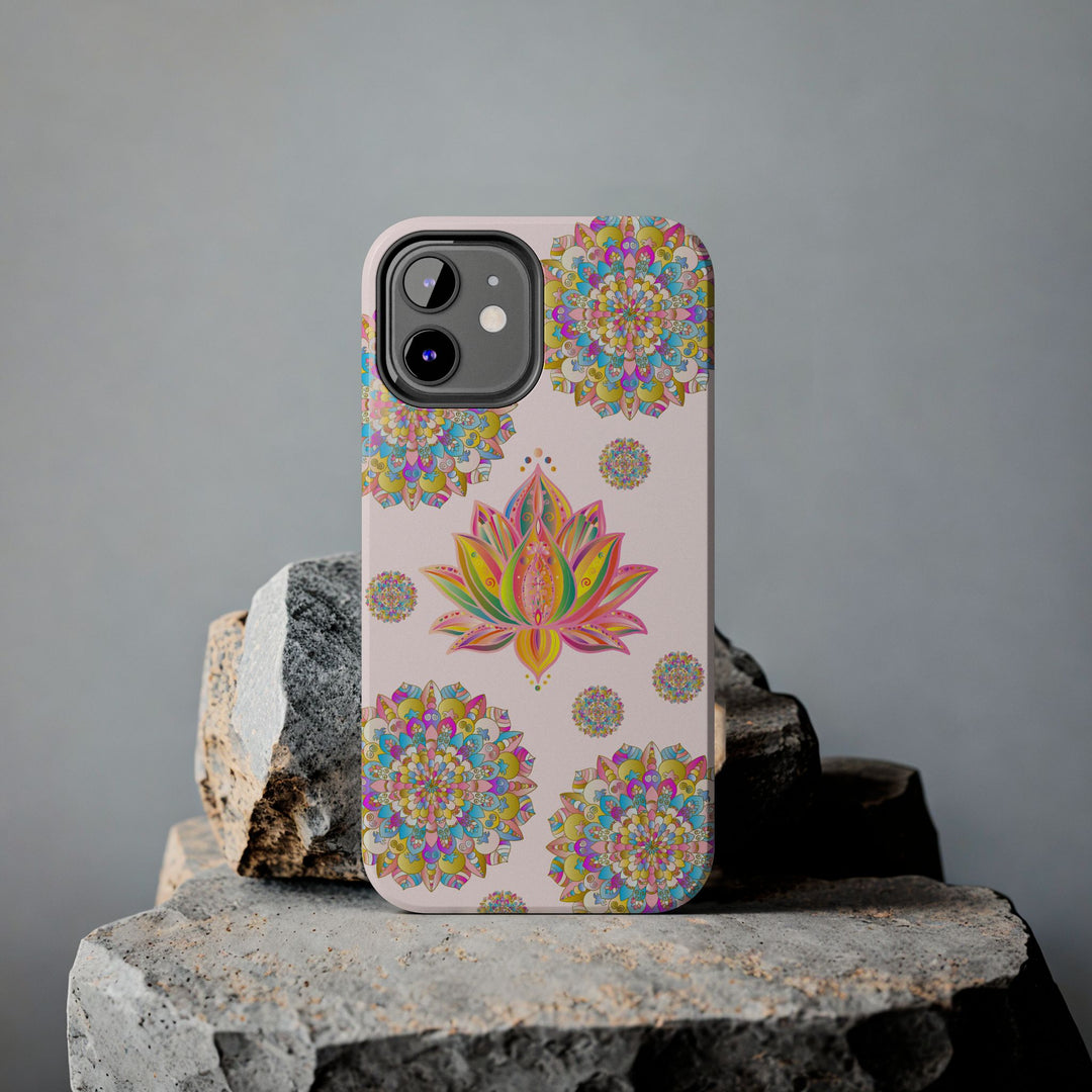 Beautiful light pink phone case with intricate lotus flower mandala design