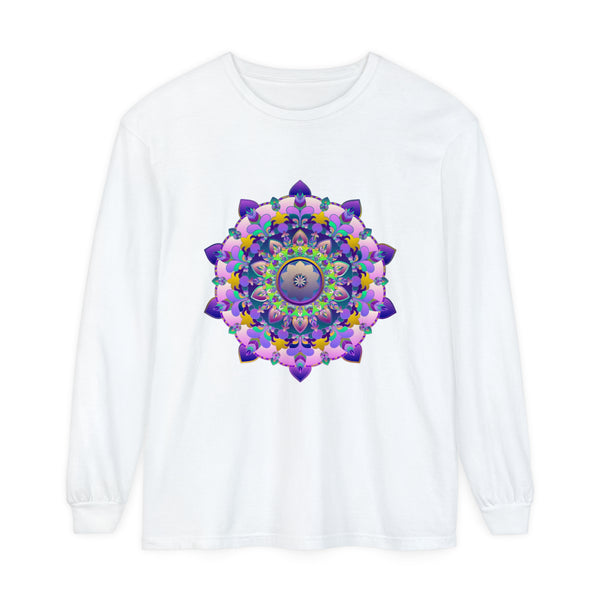 Colorful and intricate mandala design on a unisex long sleeve t-shirt