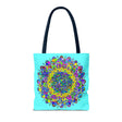 Vibrant and intricate mandala art design tote bag in various colors