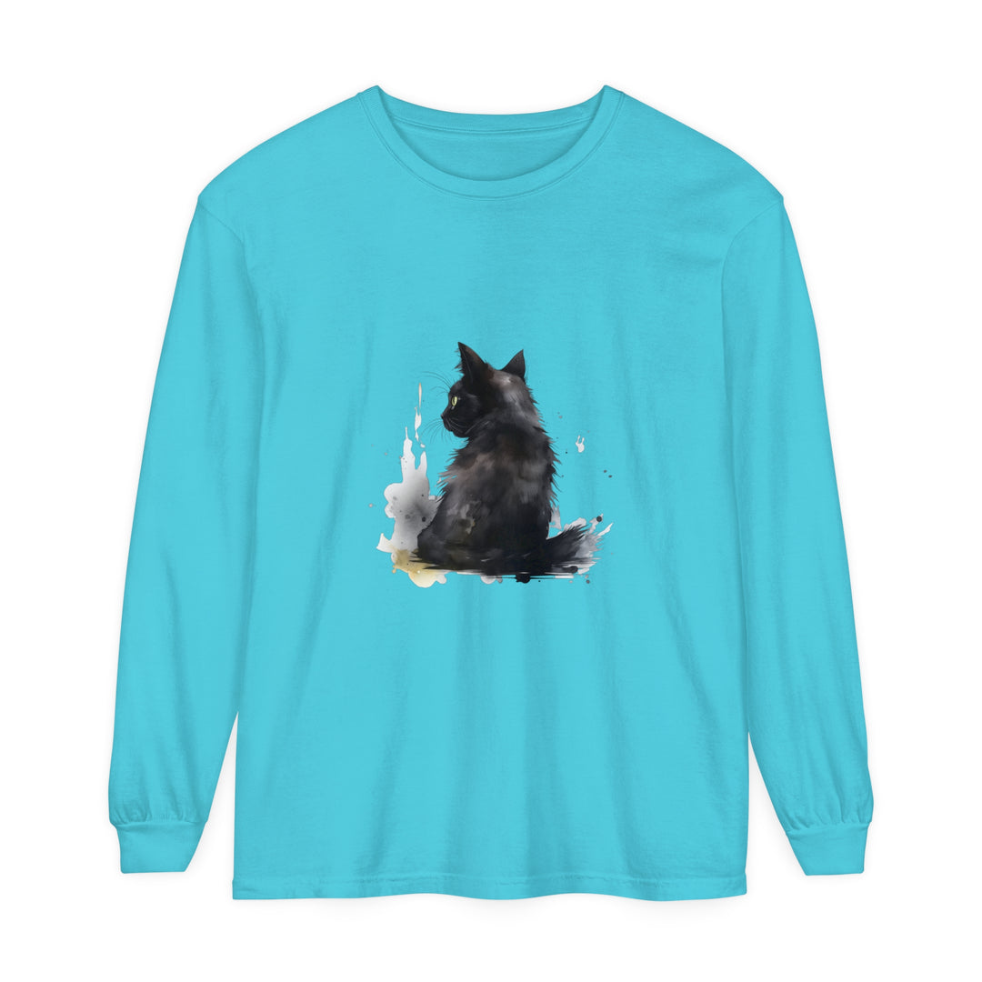 Black Cat Watercolor Dream long sleeve t-shirt featuring a vibrant watercolor design of a black cat against a dreamy background