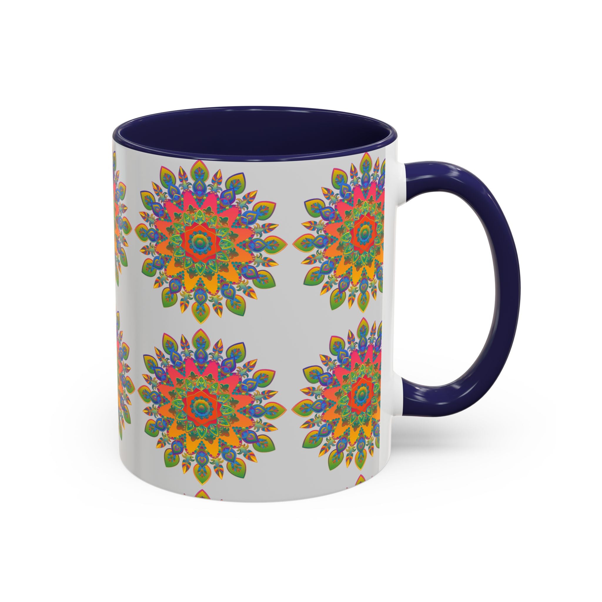 Colorful Mandala Mug featuring intricate, vibrant art on a grey background