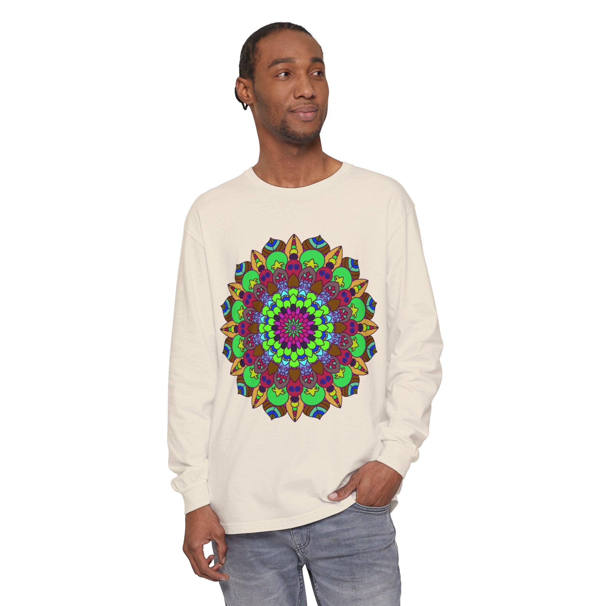 Colorful Mandala Unisex Long Sleeve T-Shirt with intricate design and vibrant hues