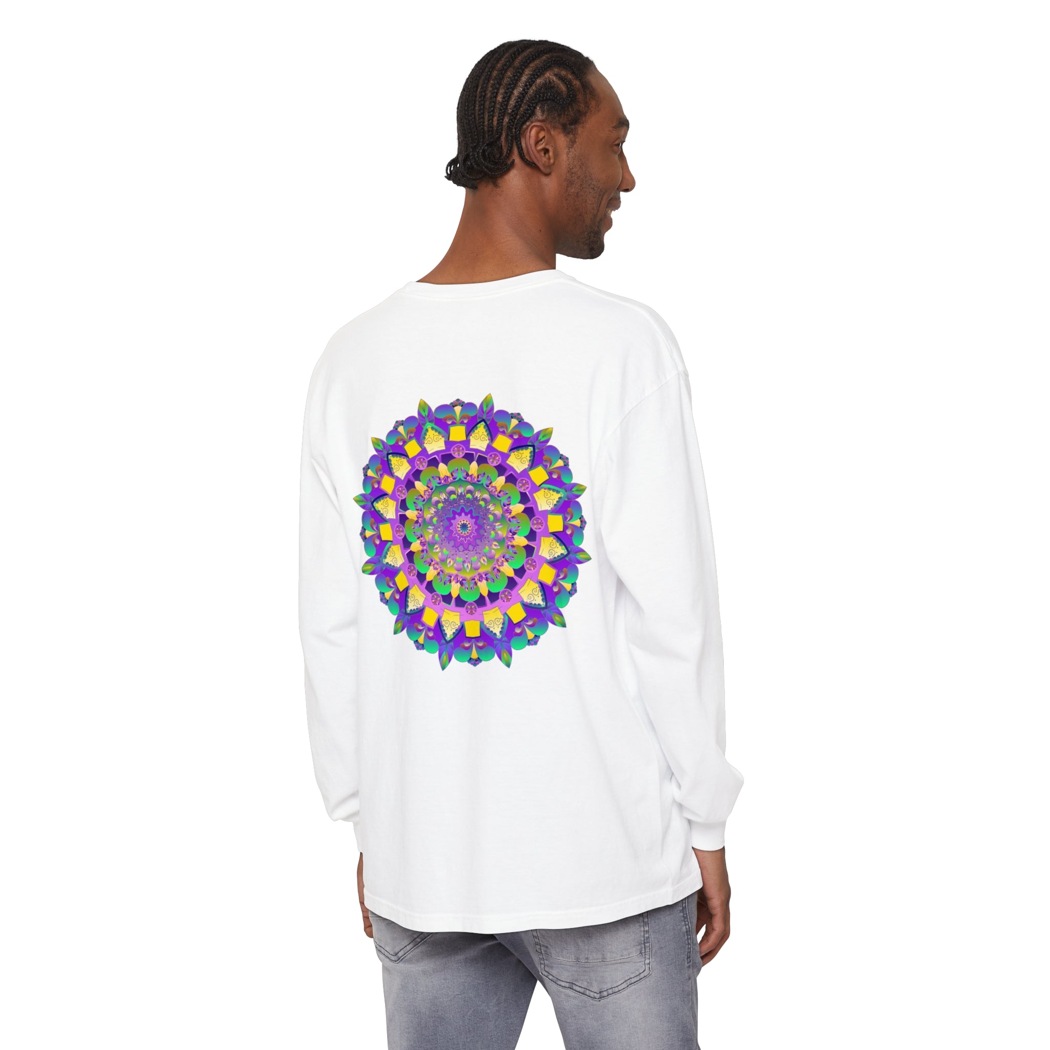 Vibrant Mandala Unisex Long Sleeve T-Shirt featuring colorful, intricate mandala design