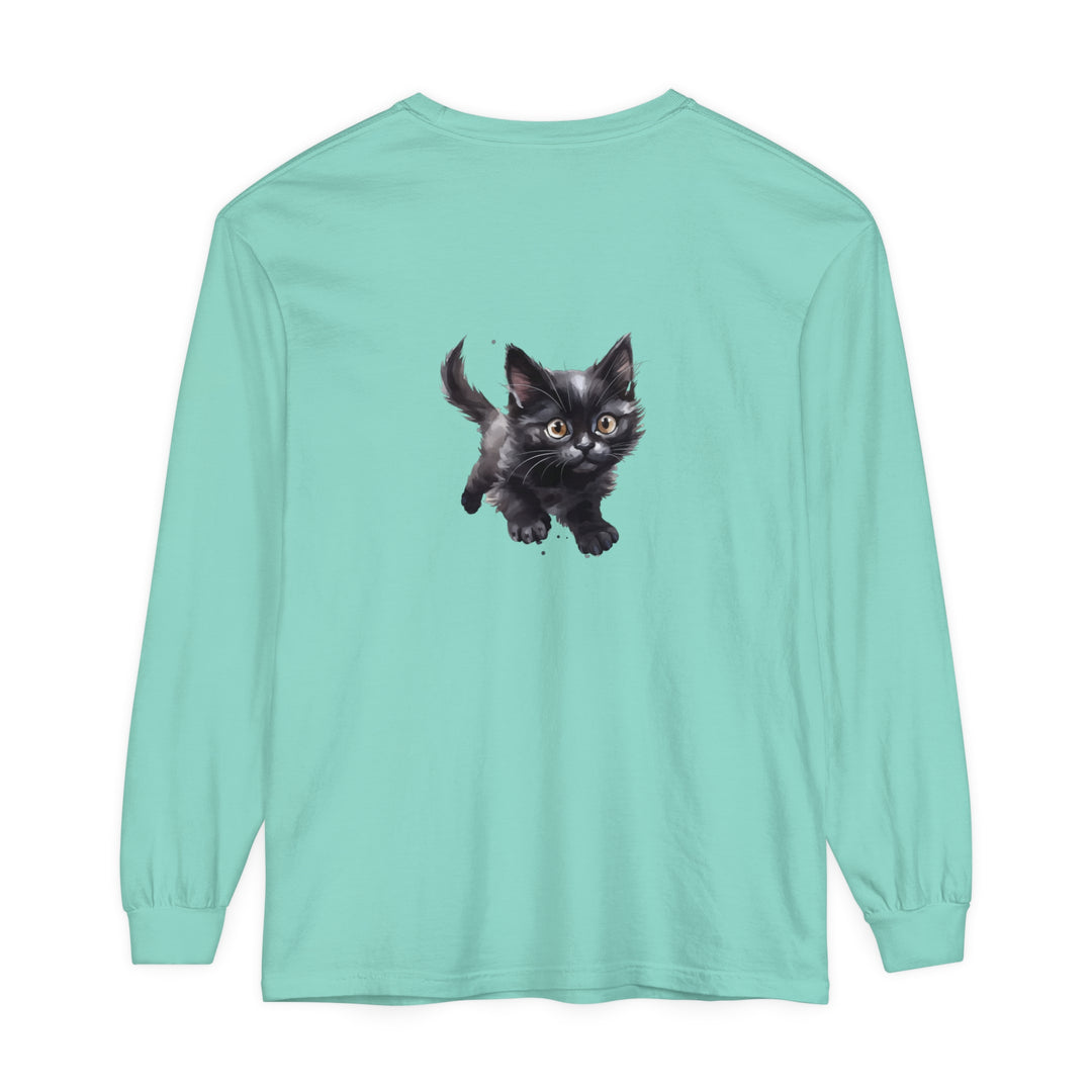 A colorful watercolor illustration of a playful kitten printed on a comfortable T-shirt