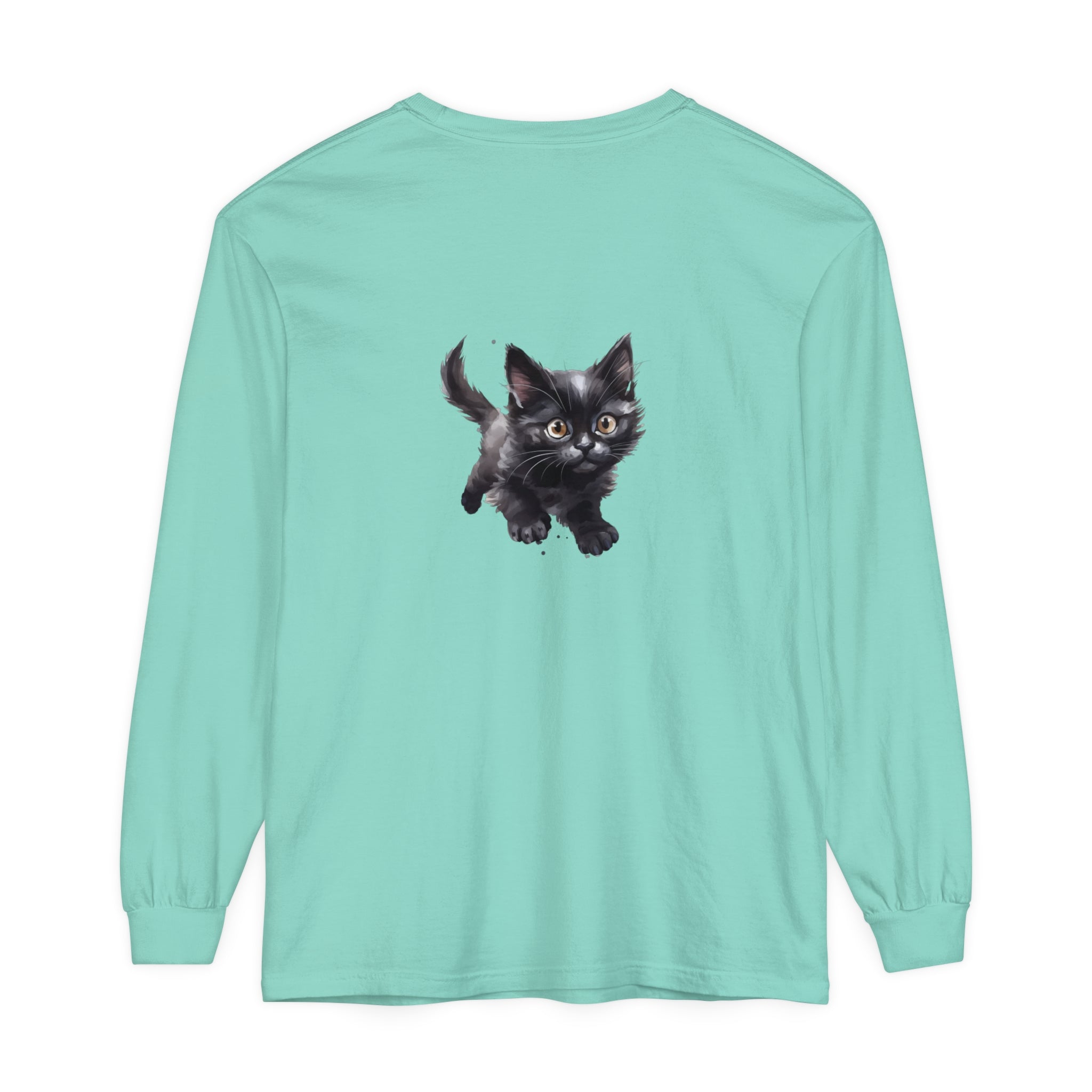 A colorful watercolor illustration of a playful kitten printed on a comfortable T-shirt