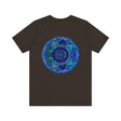 An eye-catching blue mandala t-shirt featuring a spiritual design symbolizing peace and harmony