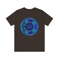 An eye-catching blue mandala t-shirt featuring a spiritual design symbolizing peace and harmony