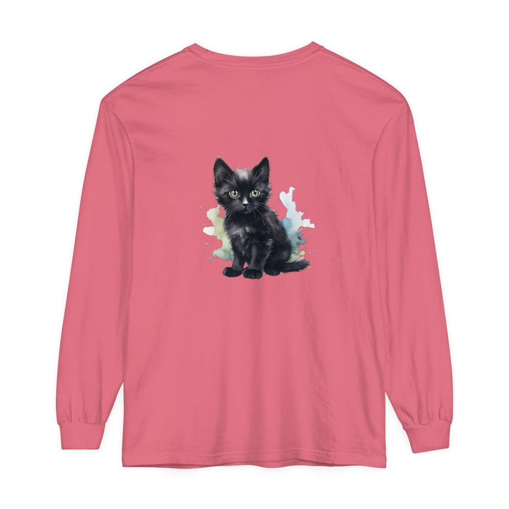 Black Kitten Watercolor Long Sleeve T-Shirt featuring a cute and playful watercolor kitten design on a black, long-sleeved t-shirt