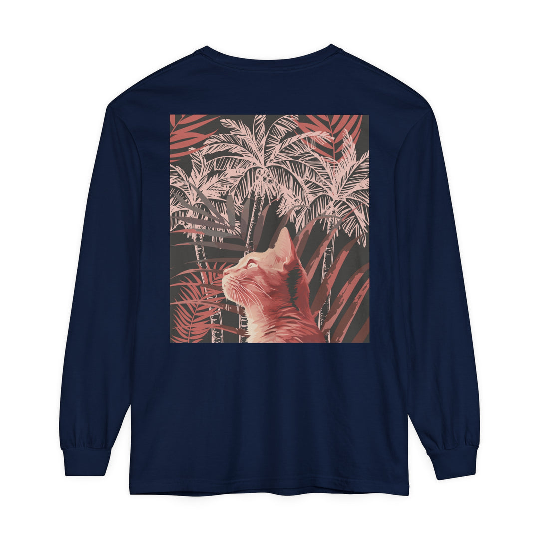 Organic cotton t-shirt featuring a playful ginger cat lounging under a palm tree