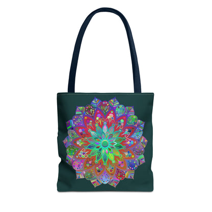 Dark green tote bag with intricate and vibrant mandala design