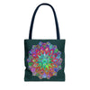 Dark green tote bag with intricate and vibrant mandala design