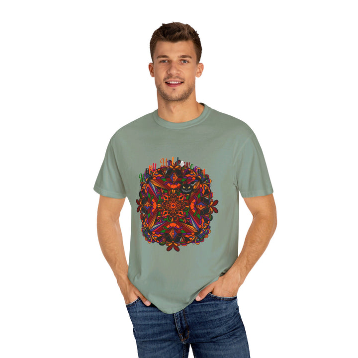 Unisex Halloween Mandala T-shirt featuring handcrafted pumpkin mandala art on a garment-dyed tee