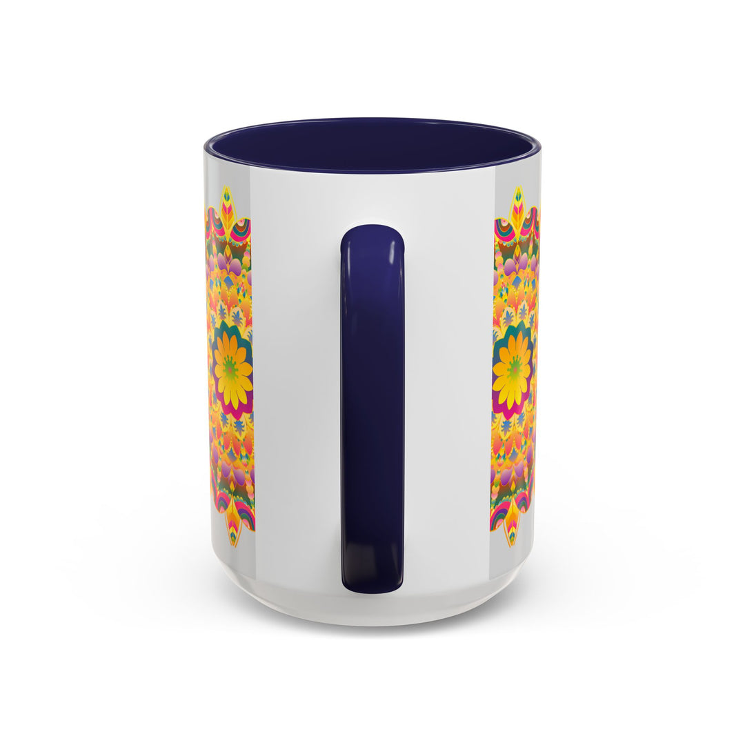 Colorful ceramic mug with intricate mandala and vibrant floral design