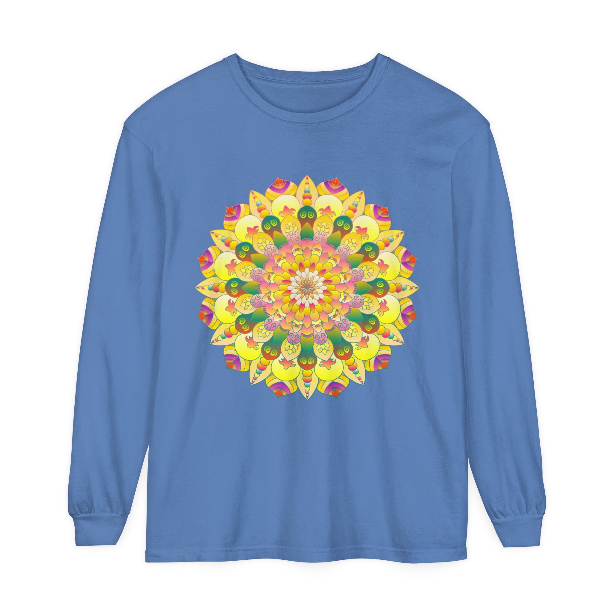 Colorful and intricate mandala design printed on a unisex long sleeve t-shirt