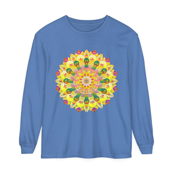 Colorful and intricate mandala design printed on a unisex long sleeve t-shirt