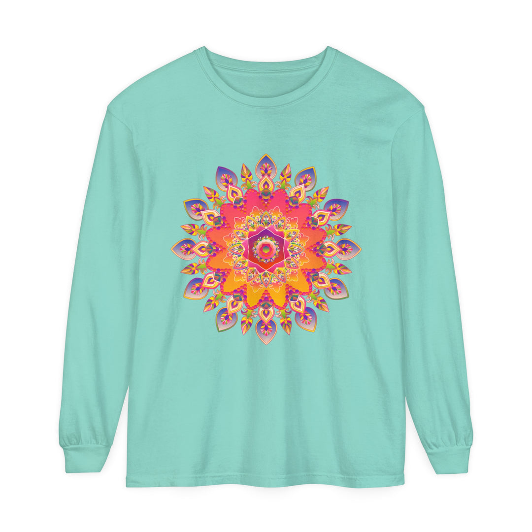 Colorful and detailed mandala design on a long sleeve t-shirt for all genders