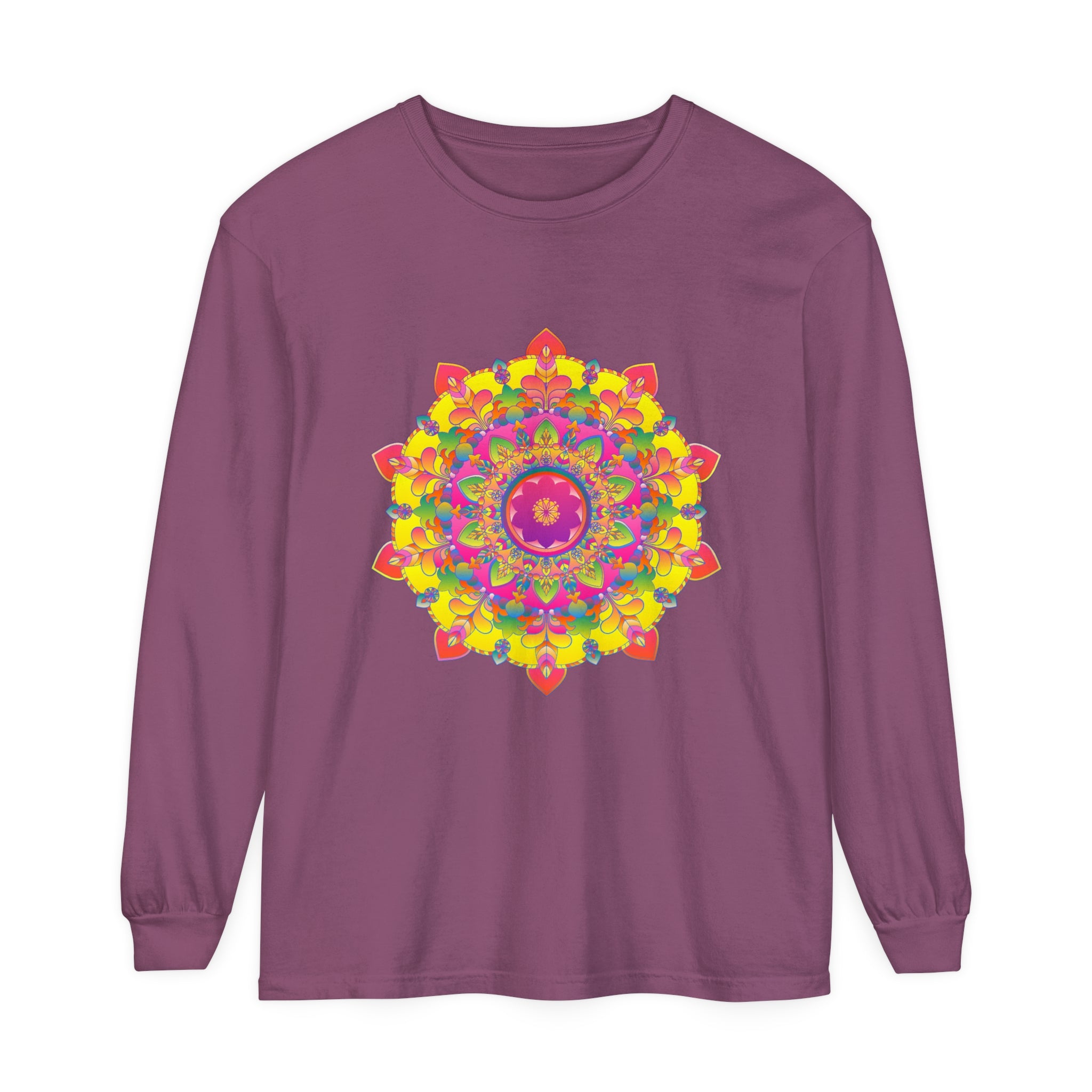 Vibrant Mandala Long Sleeve T-Shirt featuring colorful and intricate mandala design on soft, comfortable fabric