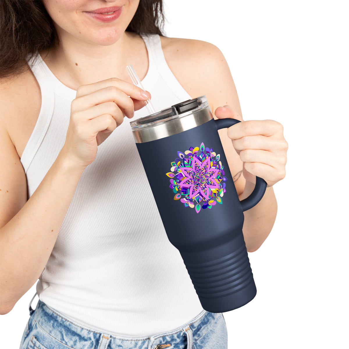 40oz Insulated Travel Mug — Purple Floral Mandala Design