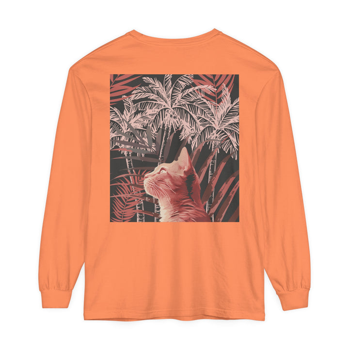 Graphic t-shirt featuring an adorable ginger cat and palm tree design