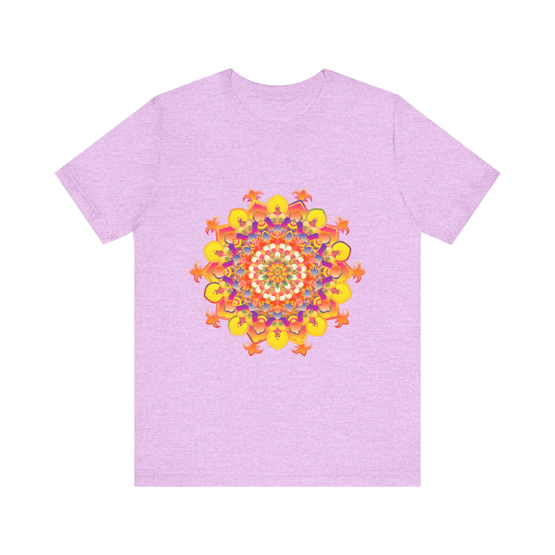 Close-up image of a vibrant mandala tee featuring a colorful and intricate design, perfect for adding a pop of color to your wardrobe