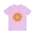 Close-up image of a vibrant mandala tee featuring a colorful and intricate design, perfect for adding a pop of color to your wardrobe