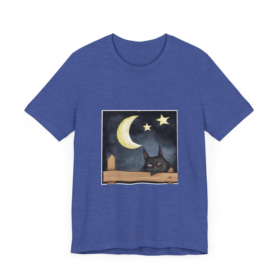 Sleepy Cat Moonlit Night T-Shirt with a cute cat sleeping under the moon and stars design