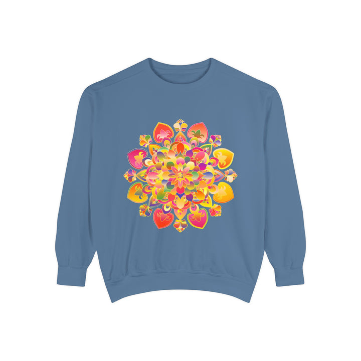 Colorful and detailed sweatshirt featuring a vibrant mandala pattern in multiple bright hues