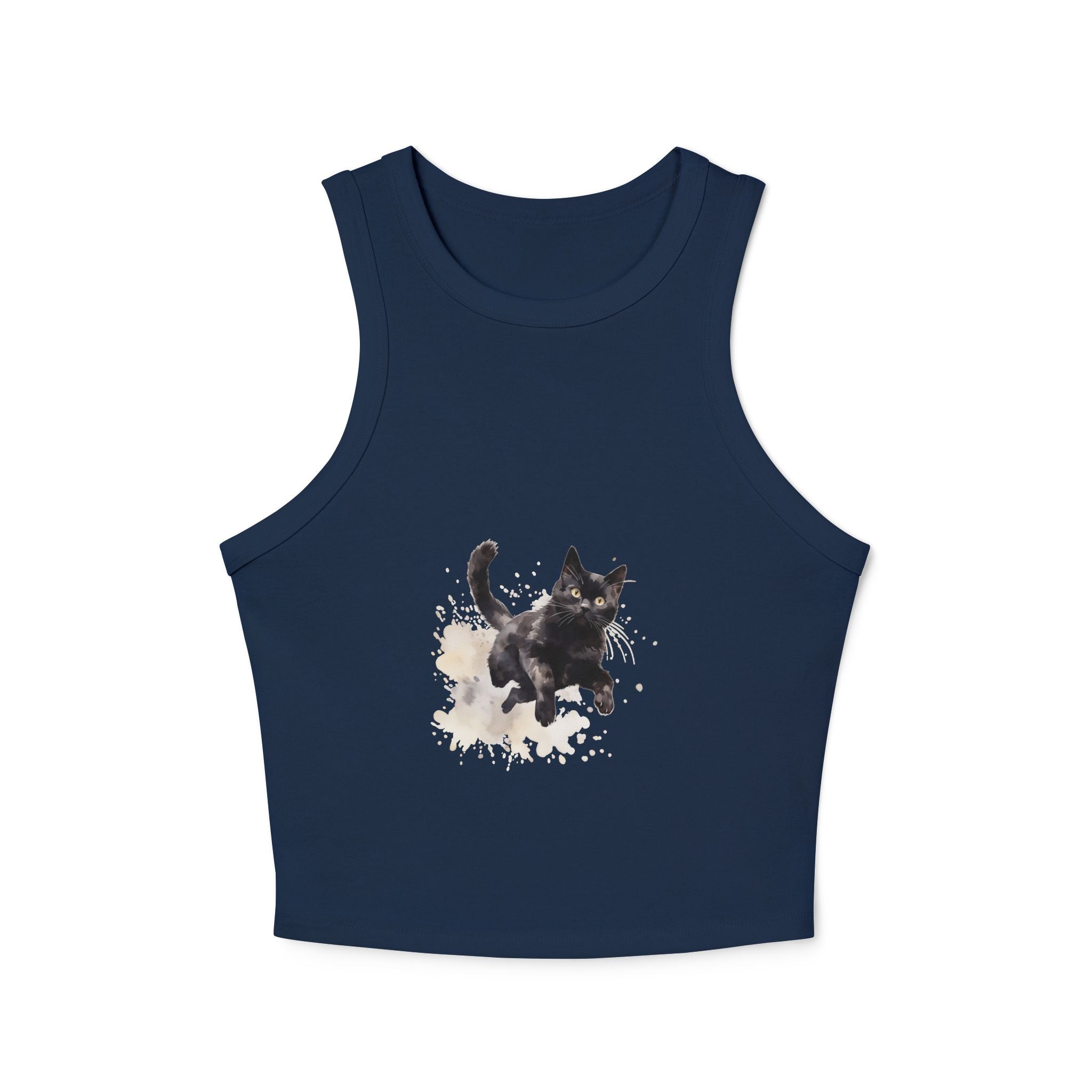 Front view of Black Cat Watercolor Splash Racer Tank Top on model