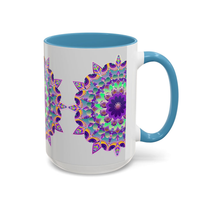 Beautiful light grey mug featuring a vibrant mandala art design