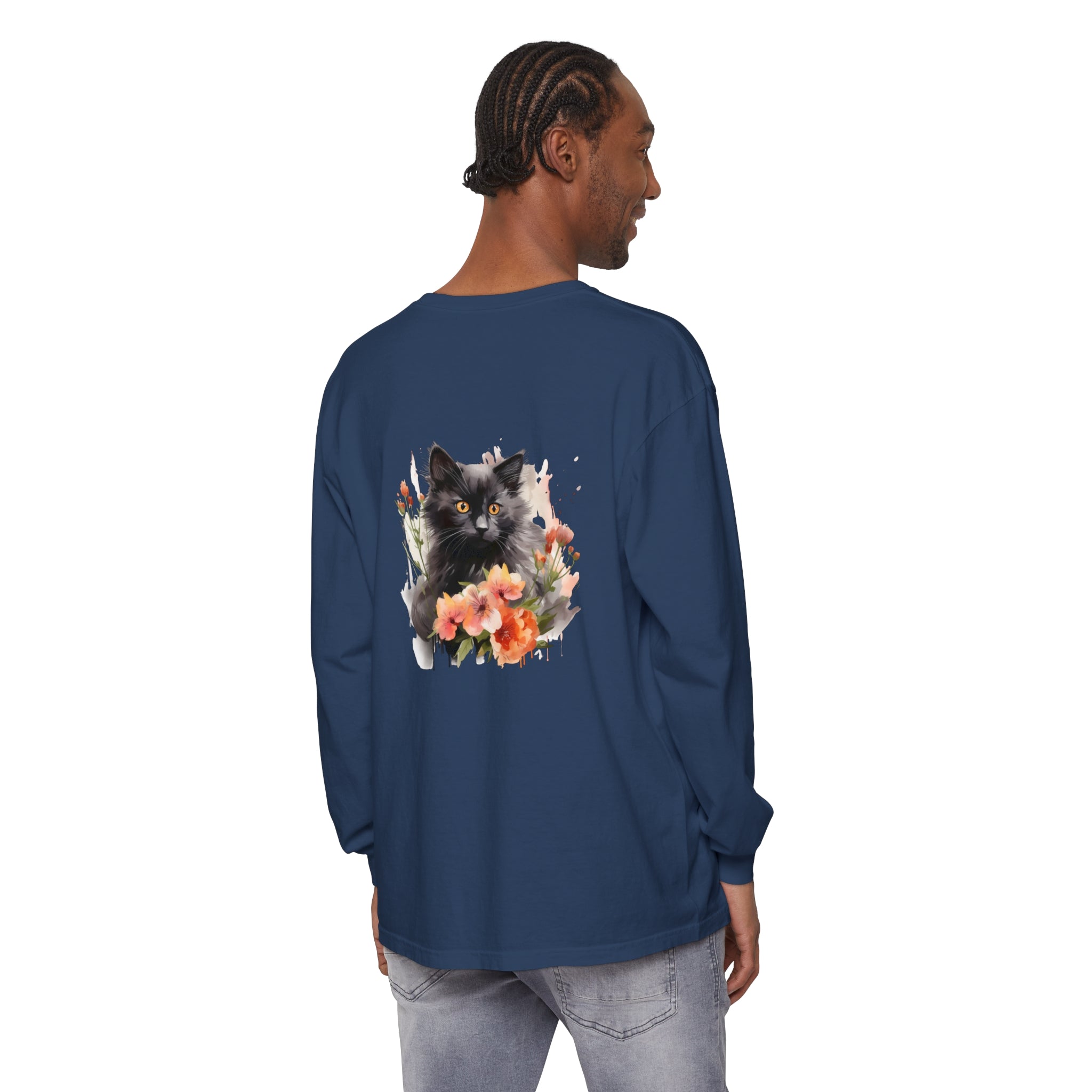 Beautiful black cat and colorful flowers watercolor design on t-shirt