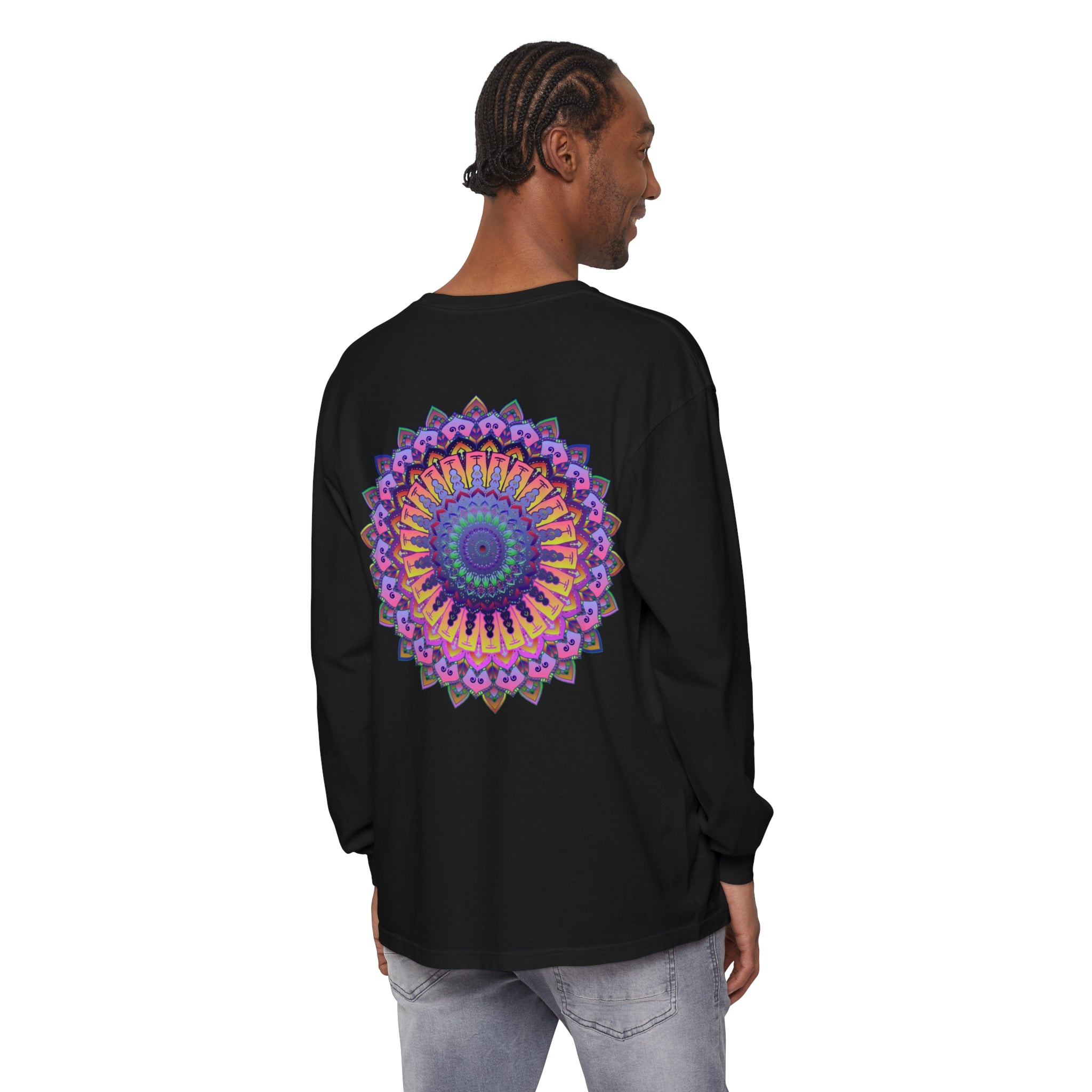 Intricate mandala design in vibrant colors on a unisex long sleeve t-shirt