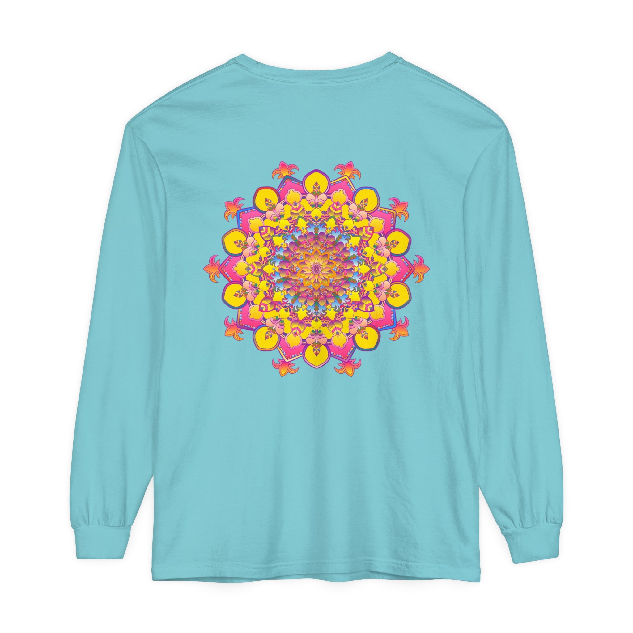 Colorful and intricate mandala design on a unisex long sleeve t-shirt