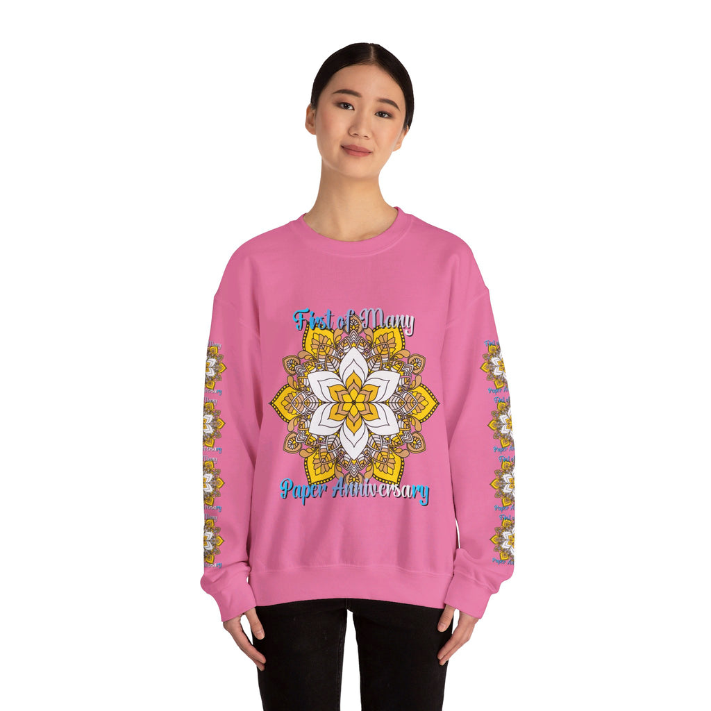 Handcrafted crewneck sweatshirt adorned with colorful and intricate mandala design