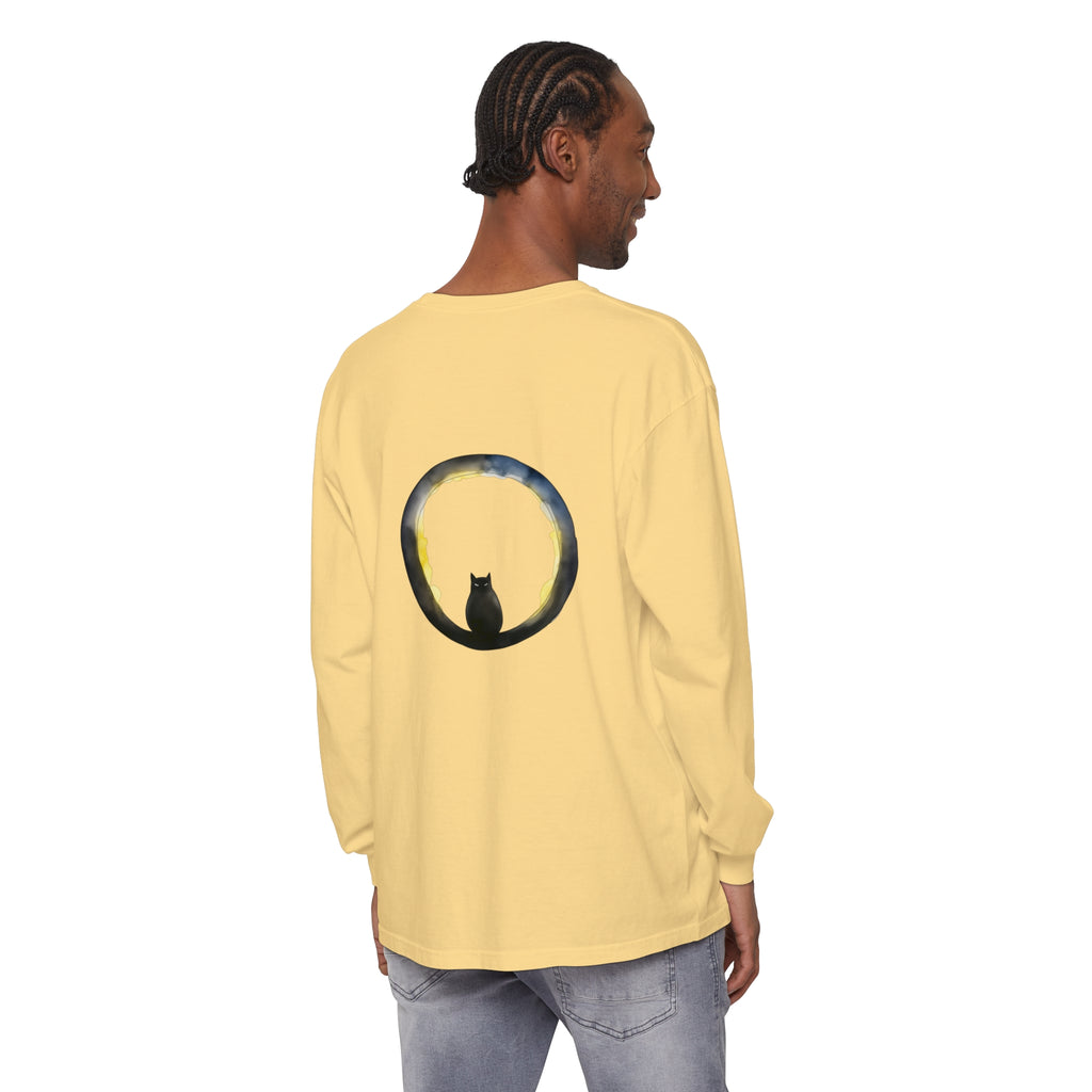 A spooky black cat sitting on a crescent moon, with Halloween-themed t-shirt