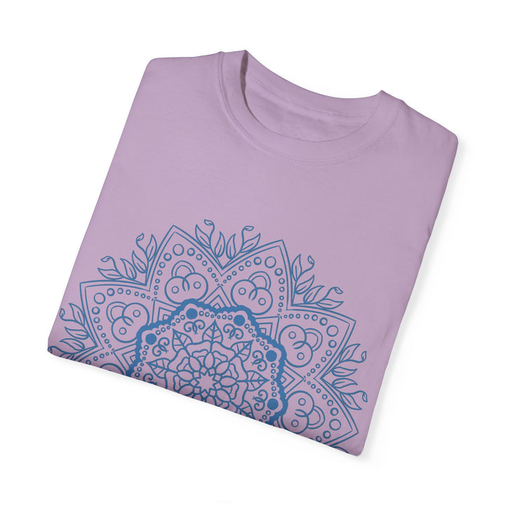 Colorful handcrafted mandala art design on a unisex garment-dyed tee