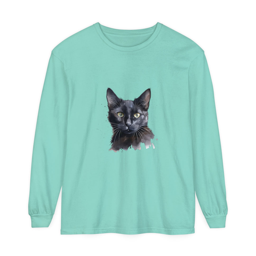 A long sleeve black t-shirt featuring a watercolor design of a mystical black cat