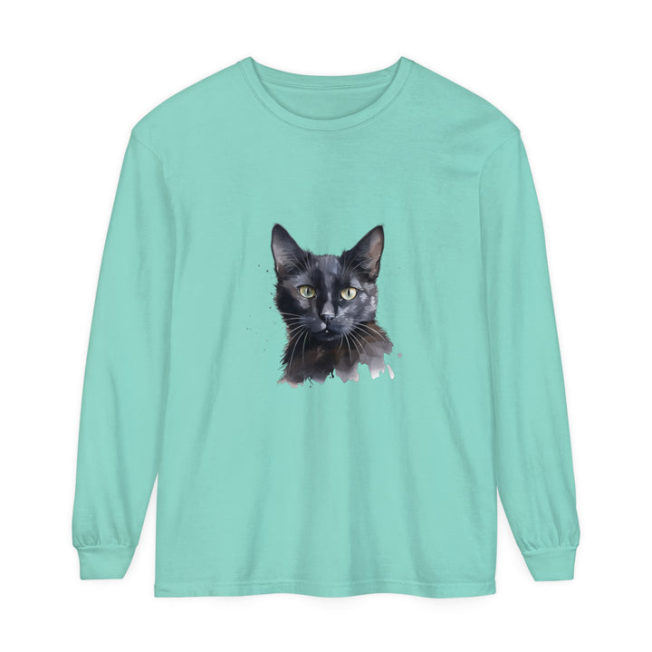 A long sleeve black t-shirt featuring a watercolor design of a mystical black cat