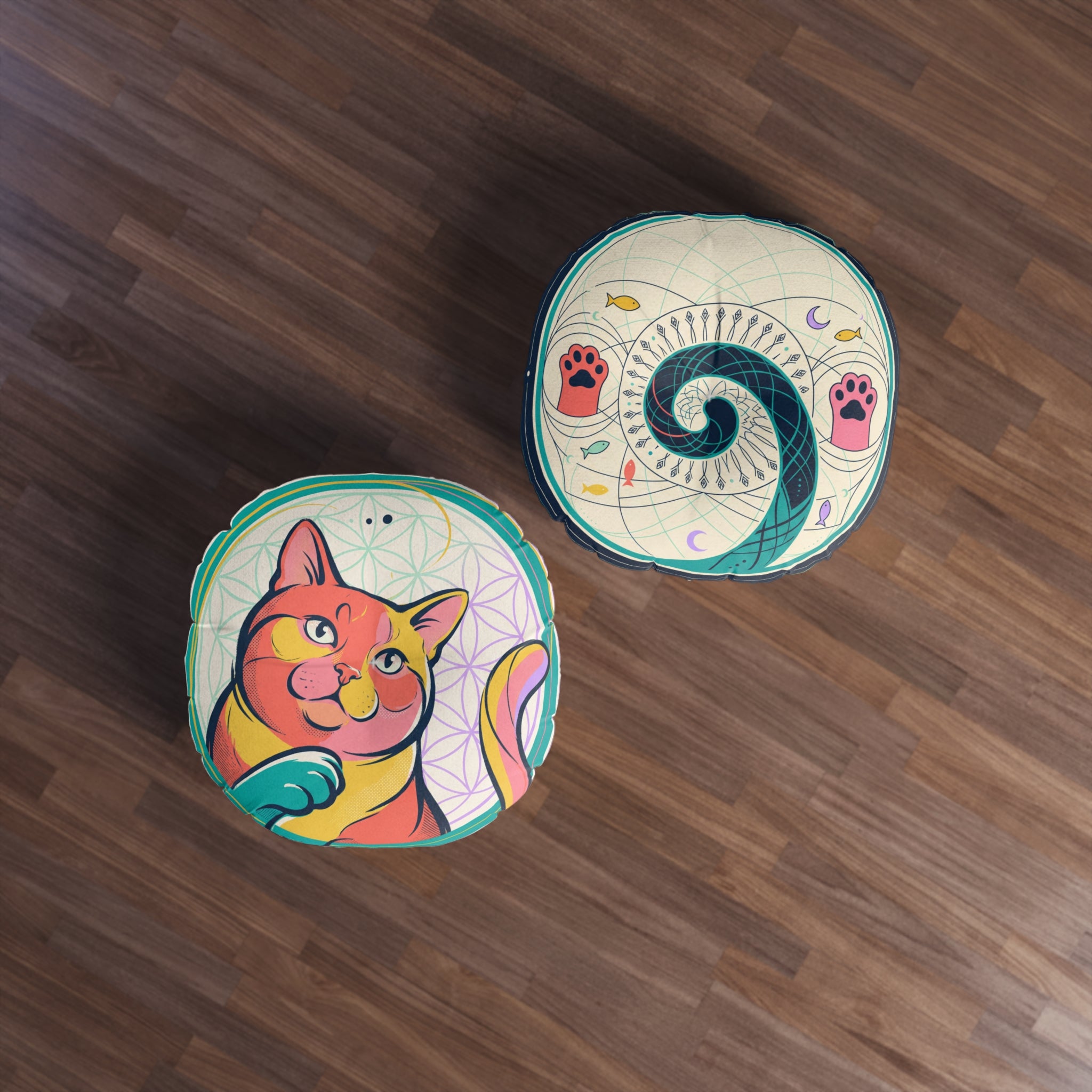 Rundes Bodenkissen mit Katzenmotiv und heiliger Geometrie