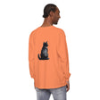 Black Cat Mystery unisex long sleeve tee with a black cat illustration and mysterious vibe