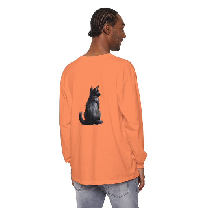 Black Cat Mystery unisex long sleeve tee with a black cat illustration and mysterious vibe