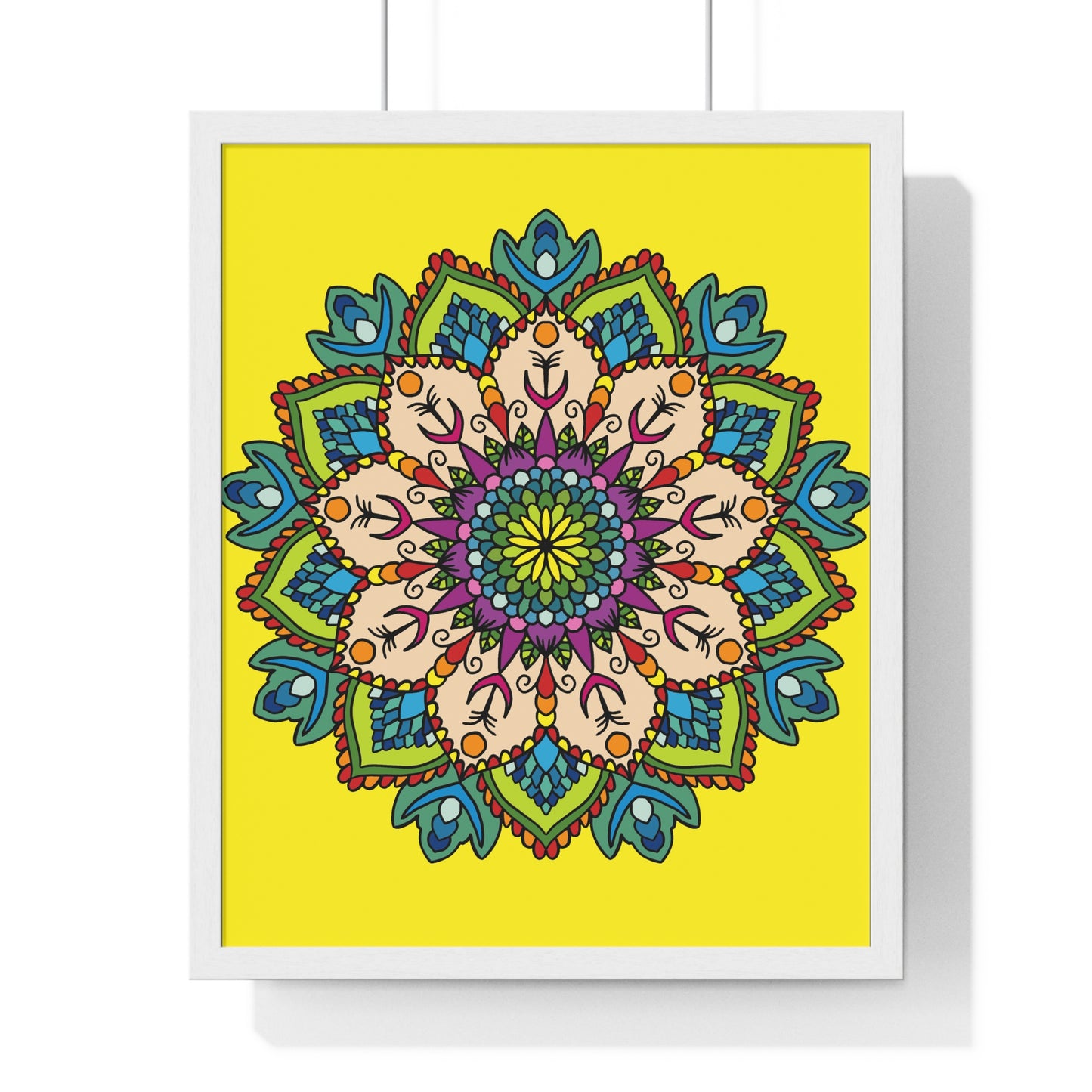 Vertical framed poster of a hand-drawn yellow mandala, perfect for mindfulness and yoga enthusiasts