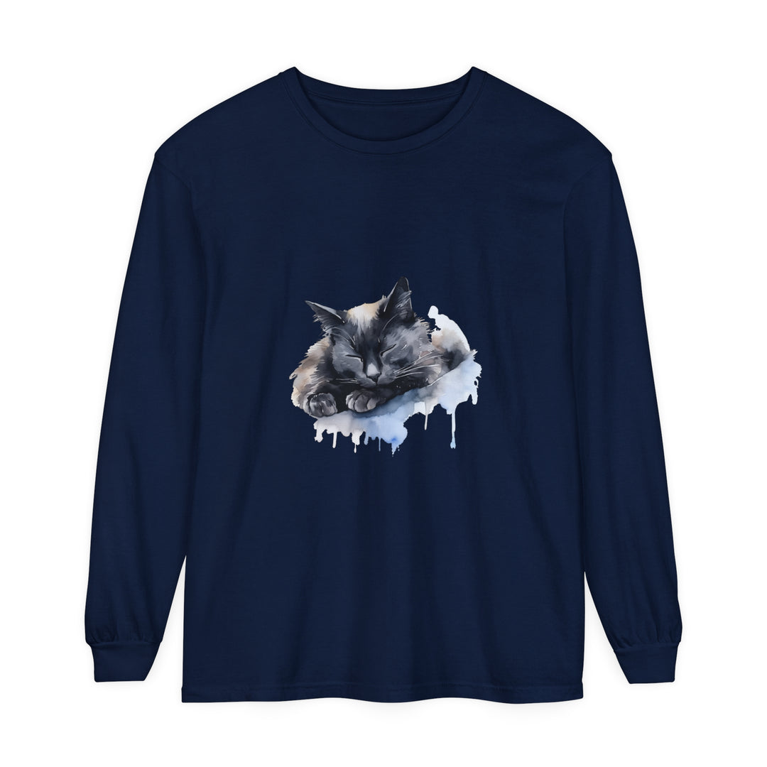 Adorable watercolor illustration of a sleeping cat on a soft t-shirt