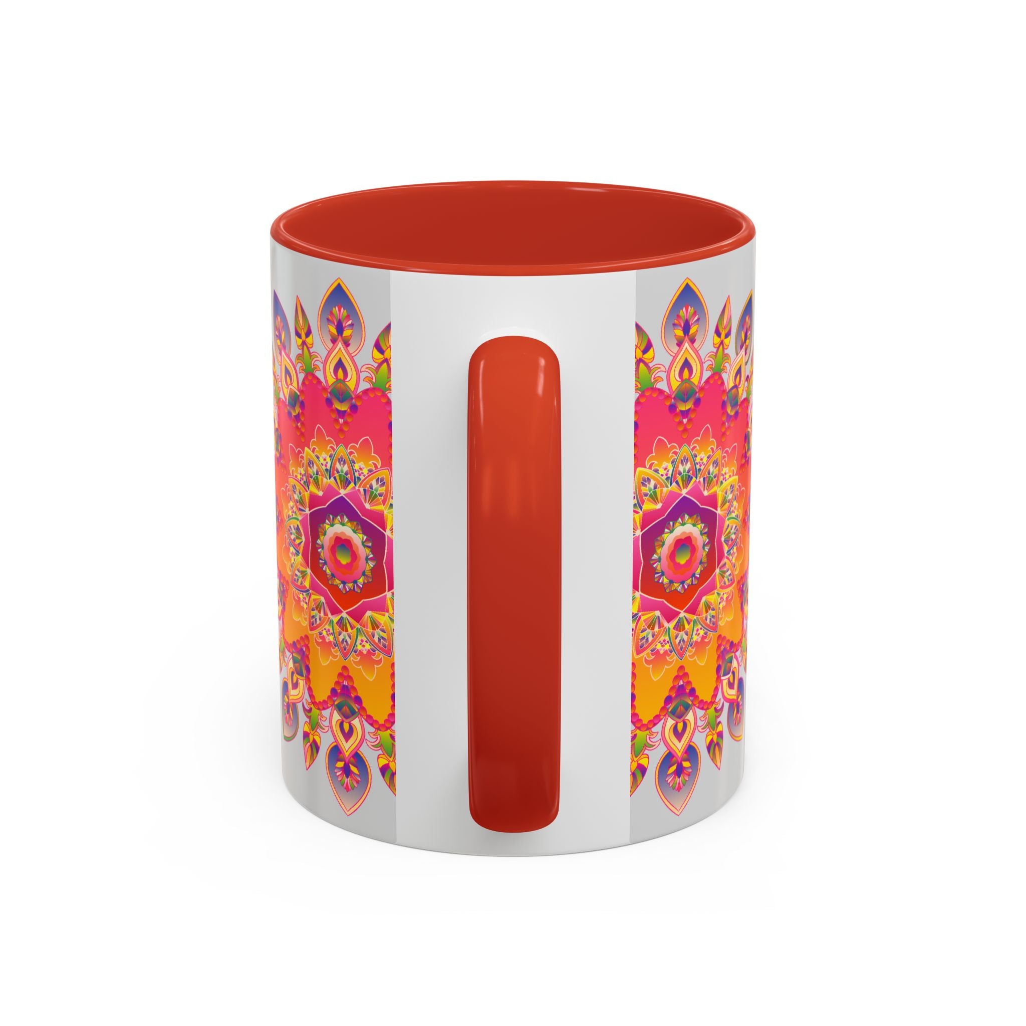 Beautiful mandala art mug with vibrant colors on a grey background