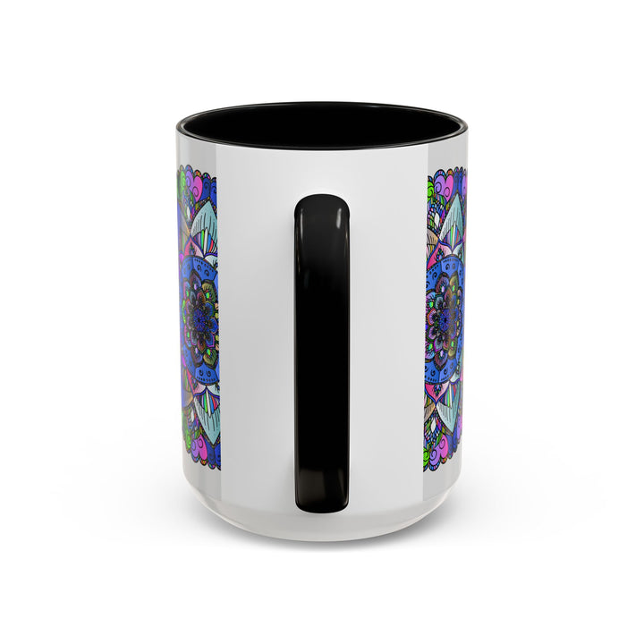 Colorful mandala mug featuring peaceful art, perfect for sipping your favorite beverage in serene style