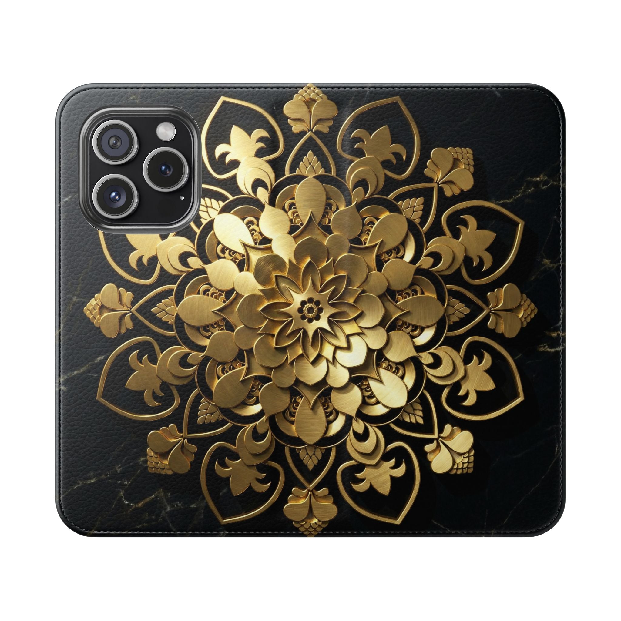 Gold Mandala Flip Phone Case – Luxury Floral Wallet Cover