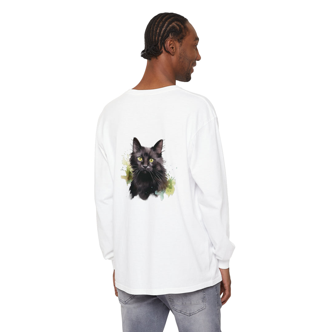 Black Cat Watercolor Splash Long Sleeve T-Shirt with vibrant and colorful watercolor design