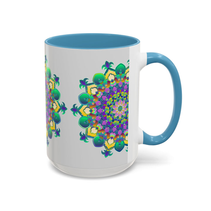 Lovely light grey mug featuring a colorful and vibrant mandala design