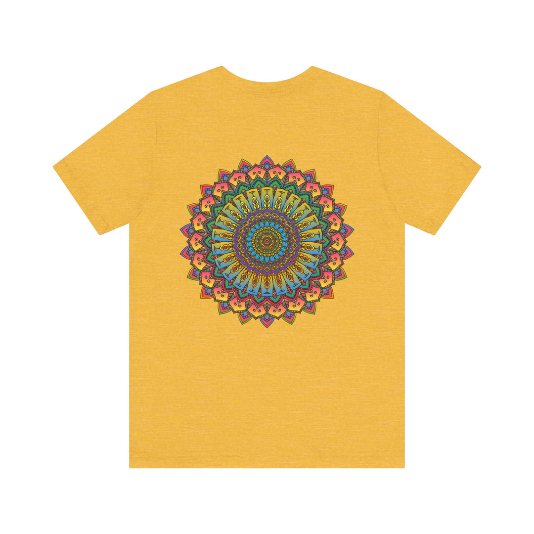 A vibrantly colorful mandala tee featuring intricate spiritual symbols for peace and harmony