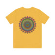 A vibrantly colorful mandala tee featuring intricate spiritual symbols for peace and harmony