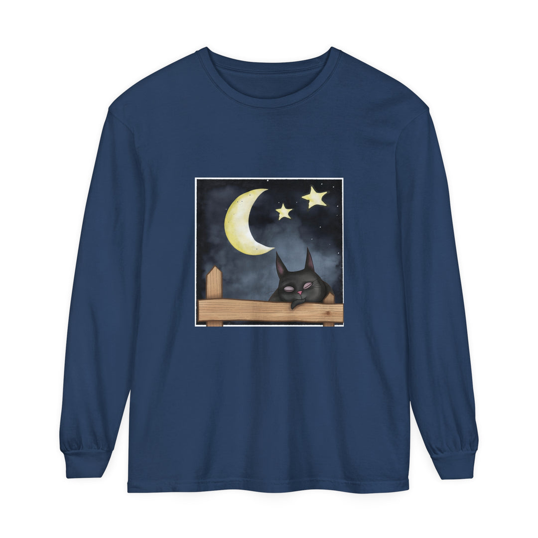 Sleepy Cat Night Sky T-Shirt featuring a cute cat nestled under a starry night sky design